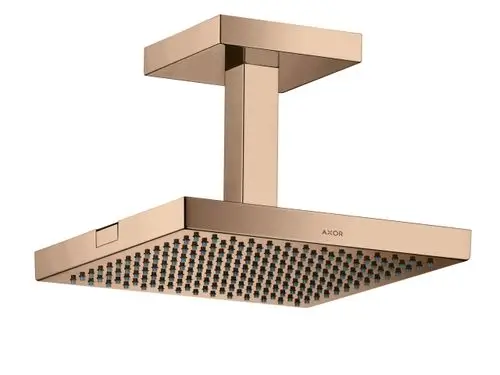 Dachmontierte Kopfbrause in Polished Red Gold von AXOR mit quadratischer Form und gleichmäßig verteilten Düsen zur Wasserausgabe.